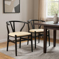 Set of Two Beige and Black Velvet and Solid Wood Wishbone Back Dining Arm Chairs