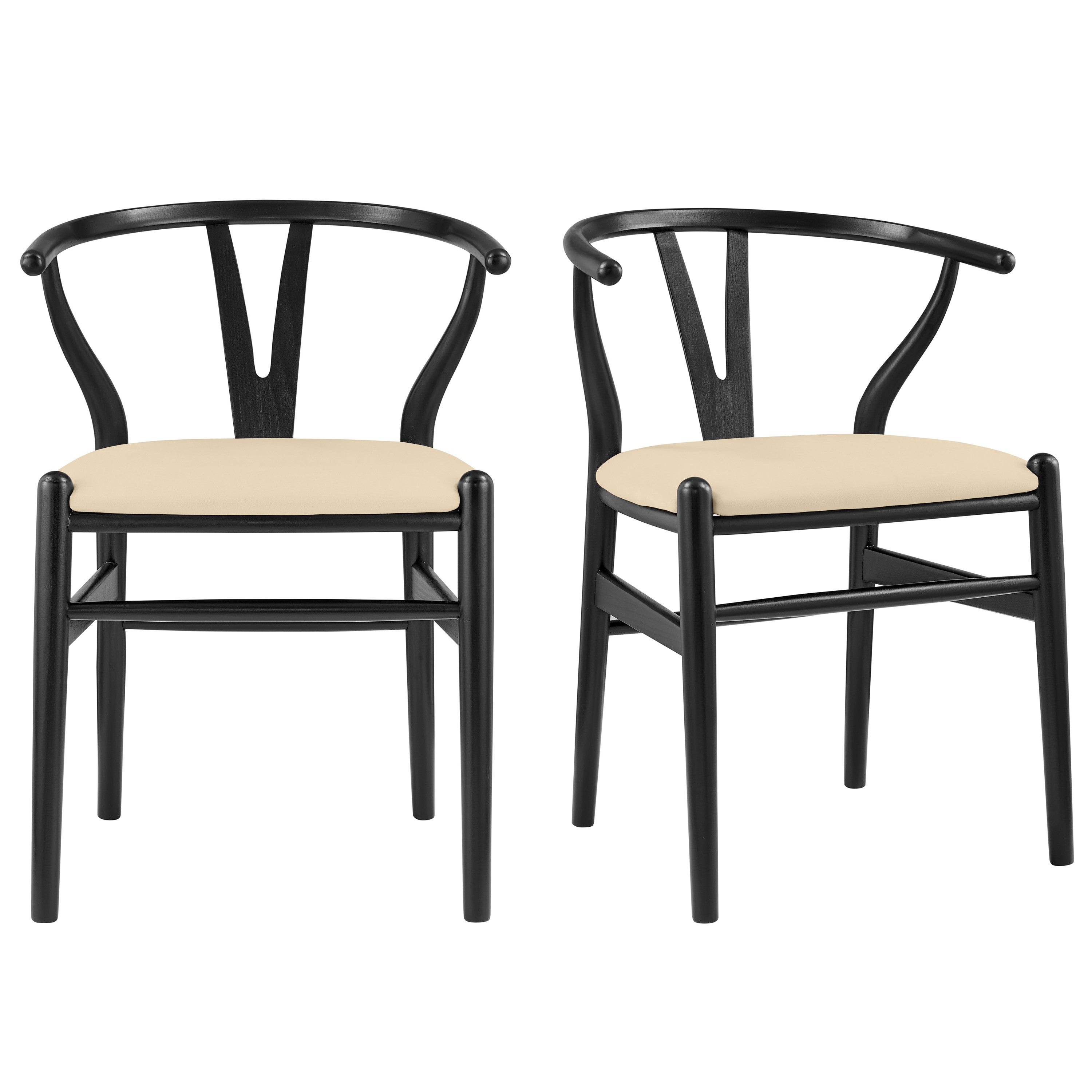 Set of Two Beige and Black Velvet and Solid Wood Wishbone Back Dining Arm Chairs