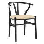 Set of Two Beige and Black Velvet and Solid Wood Wishbone Back Dining Arm Chairs