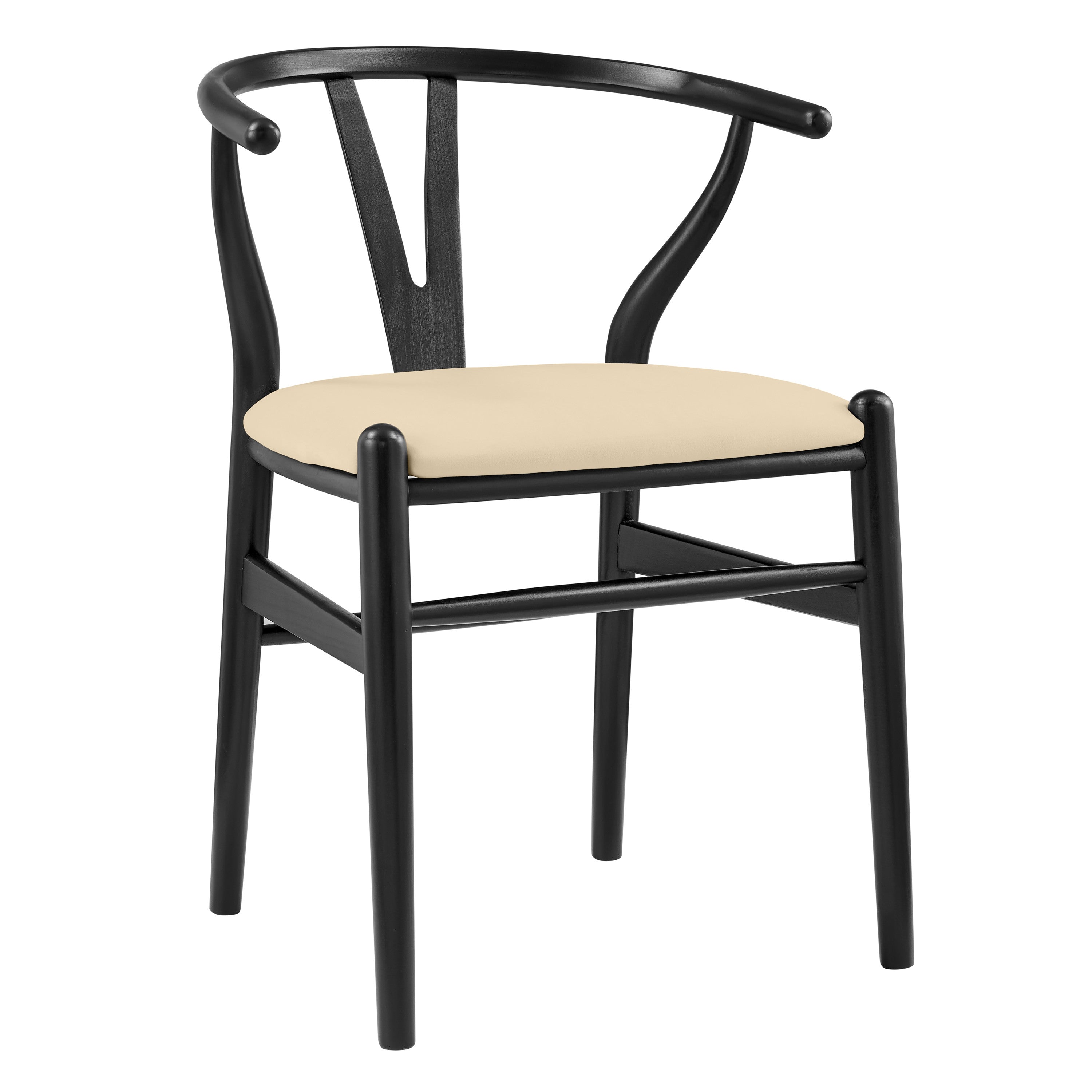 Set of Two Beige and Black Velvet and Solid Wood Wishbone Back Dining Arm Chairs