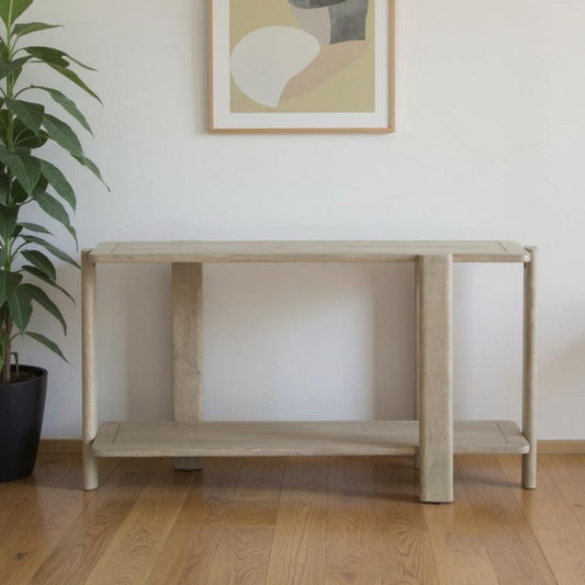 54" Natural Solid Wood Distressed Console Table With Shelf