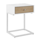 25" White and Natural Wood and Steel End Table With Drawer And USB Port