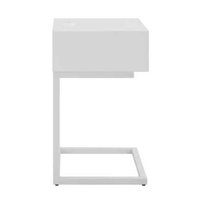 25" White and Natural Wood and Steel End Table With Drawer And USB Port