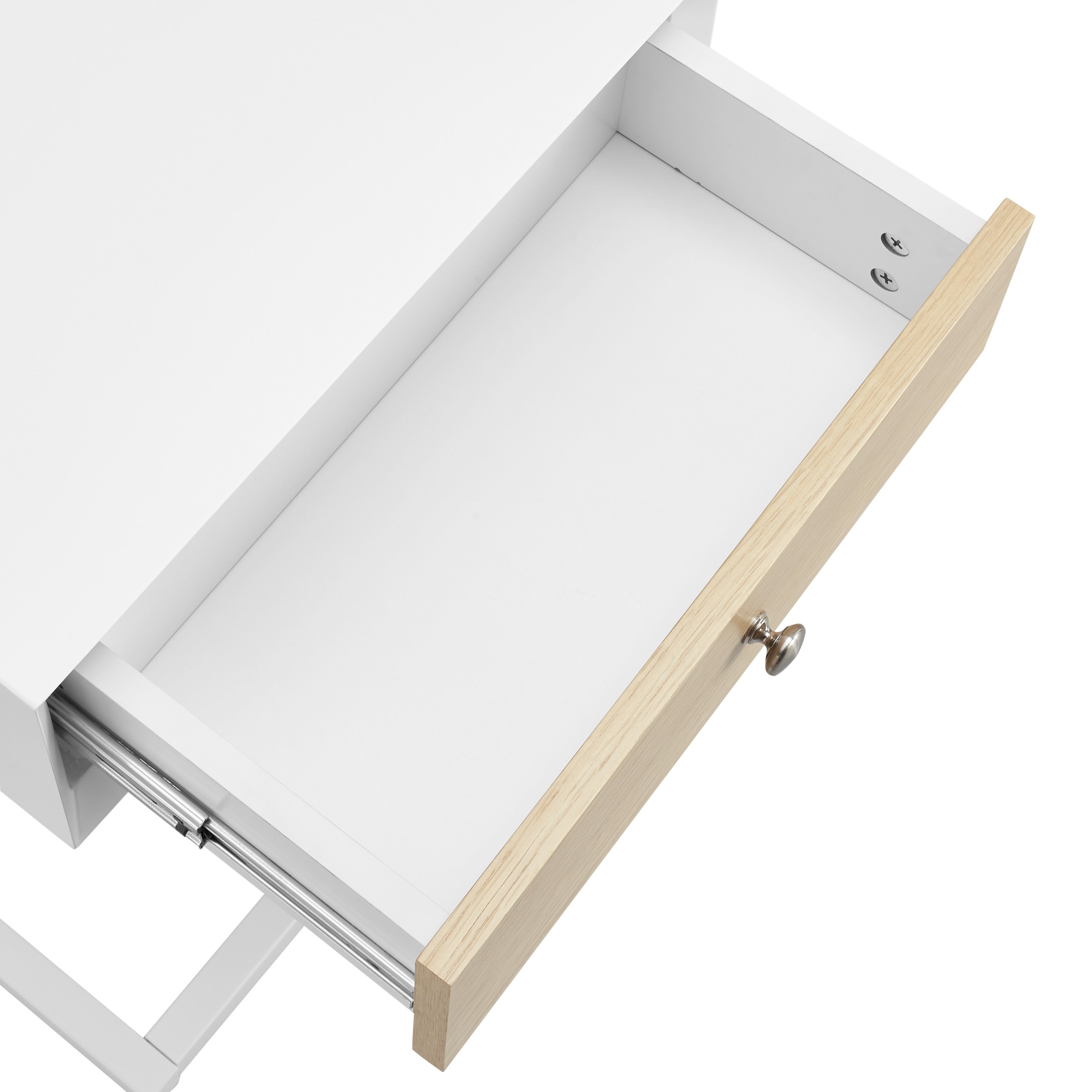 25" White and Natural Wood and Steel End Table With Drawer And USB Port