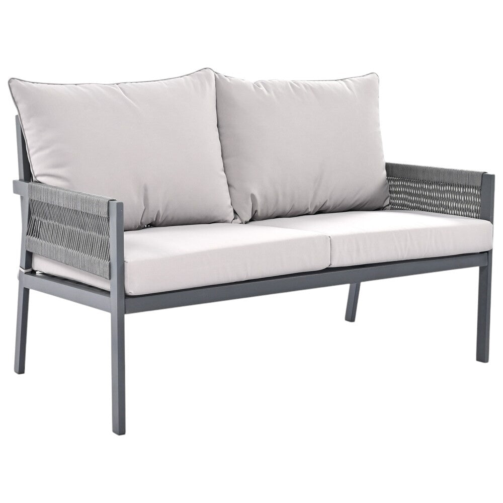 Four Piece Gray Metal Upholstered Cushions Sofa Seating Group With Table