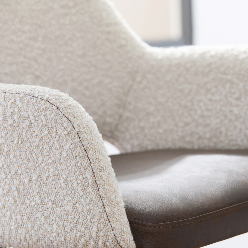 30" Ivory Brown And Black Boucle Faux Leather And Steel Bar Height Swivel Bar Chair