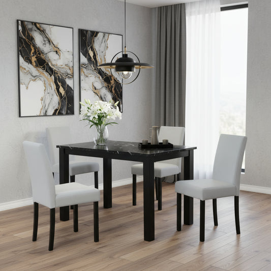 Five Piece Black Faux Marble Dining Set with Four Chairs