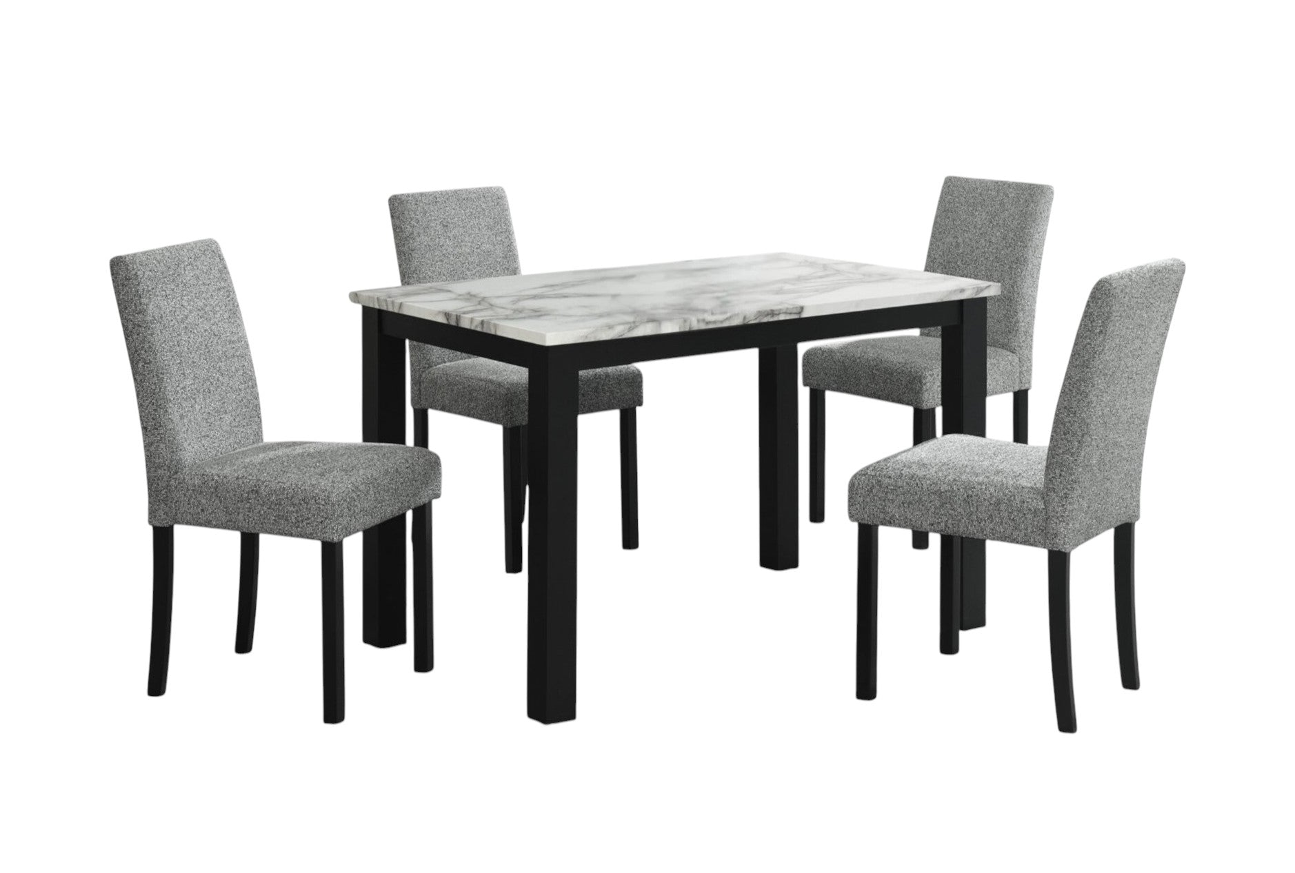 Five Piece White and Black Faux Marble Dining Set with Four Chairs