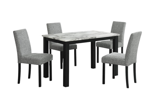 Five Piece White and Black Faux Marble Dining Set with Four Chairs