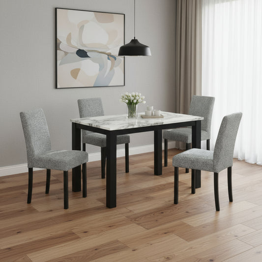 Five Piece White and Black Faux Marble Dining Set with Four Chairs