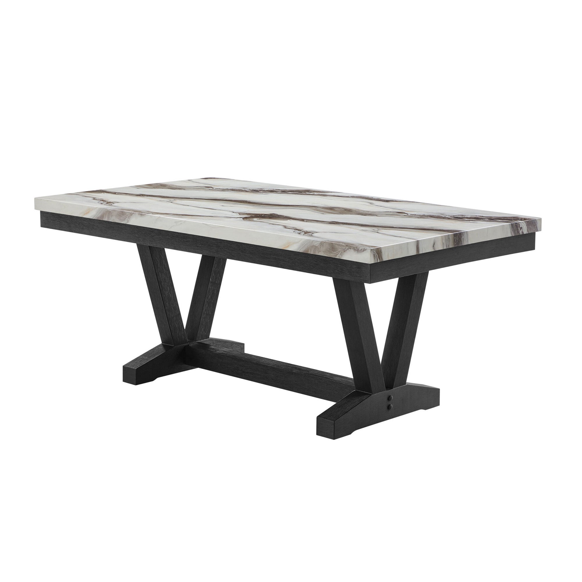 72" White and Black Faux Marble and Wood Trestle Base Dining Table