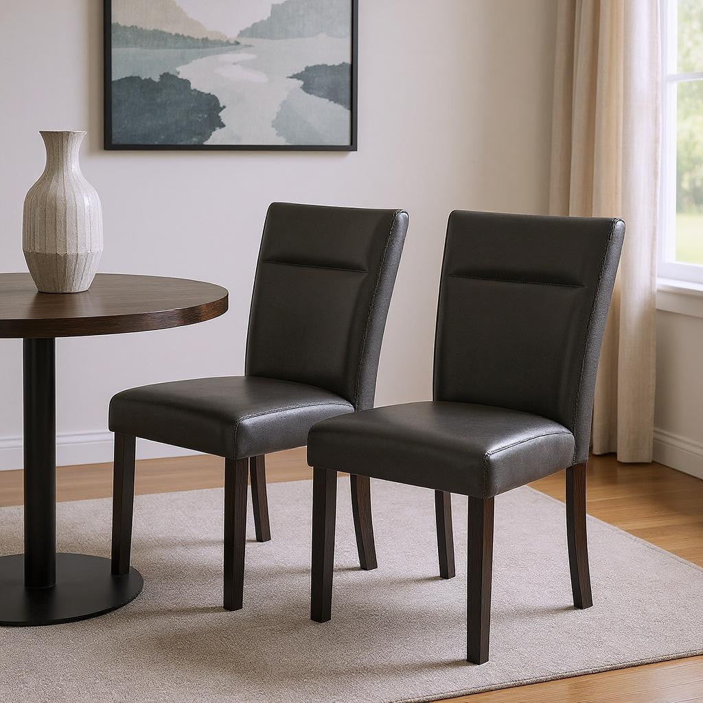 Set of Two Charcoal and Black Faux Leather And Wood Dining Side Chairs