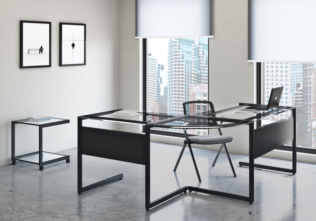 78" Clear and Black Glass and Metal Corner Computer Desk