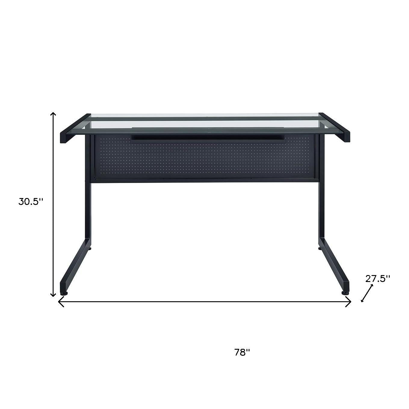 78" Clear and Black Glass and Metal Corner Computer Desk