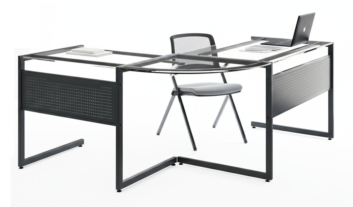 78" Clear and Black Glass and Metal Corner Computer Desk