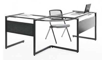 78" Clear and Black Glass and Metal Corner Computer Desk