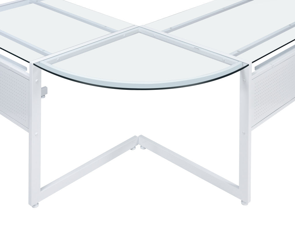 78" Clear and White Glass and Metal Corner Computer Desk
