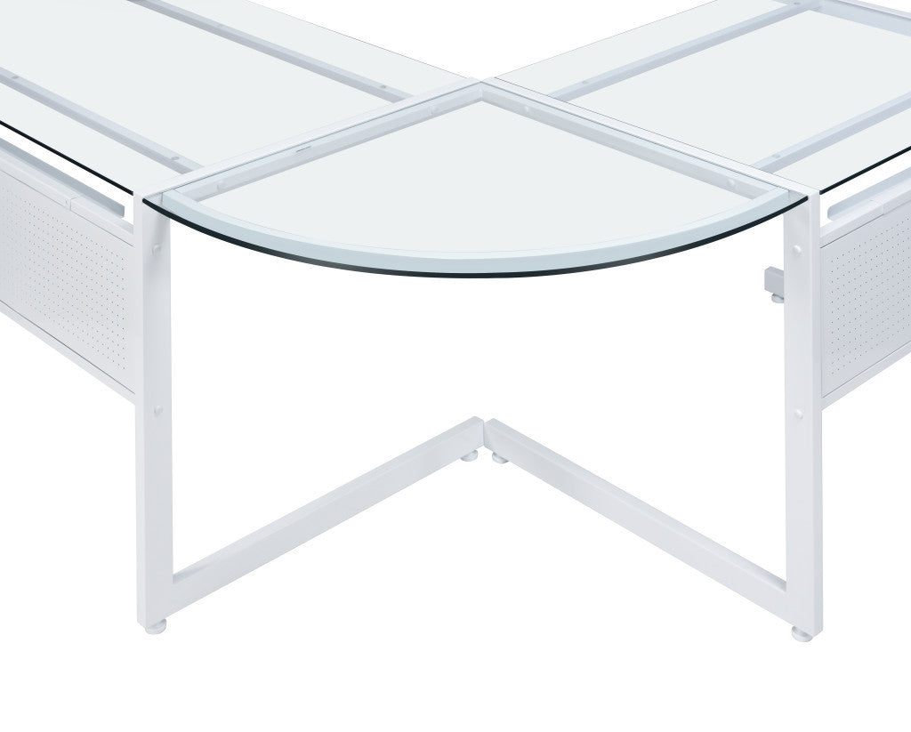 78" Clear and White Glass and Metal Corner Computer Desk