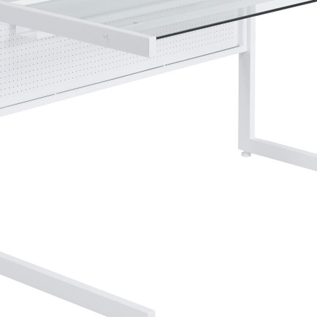78" Clear and White Glass and Metal Corner Computer Desk