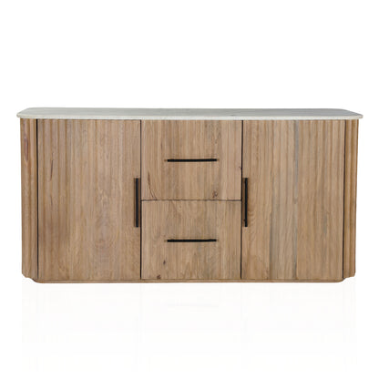 63" Brown And White Solid Wood And Marble Ribbed Texture Sideboard with Two Doors