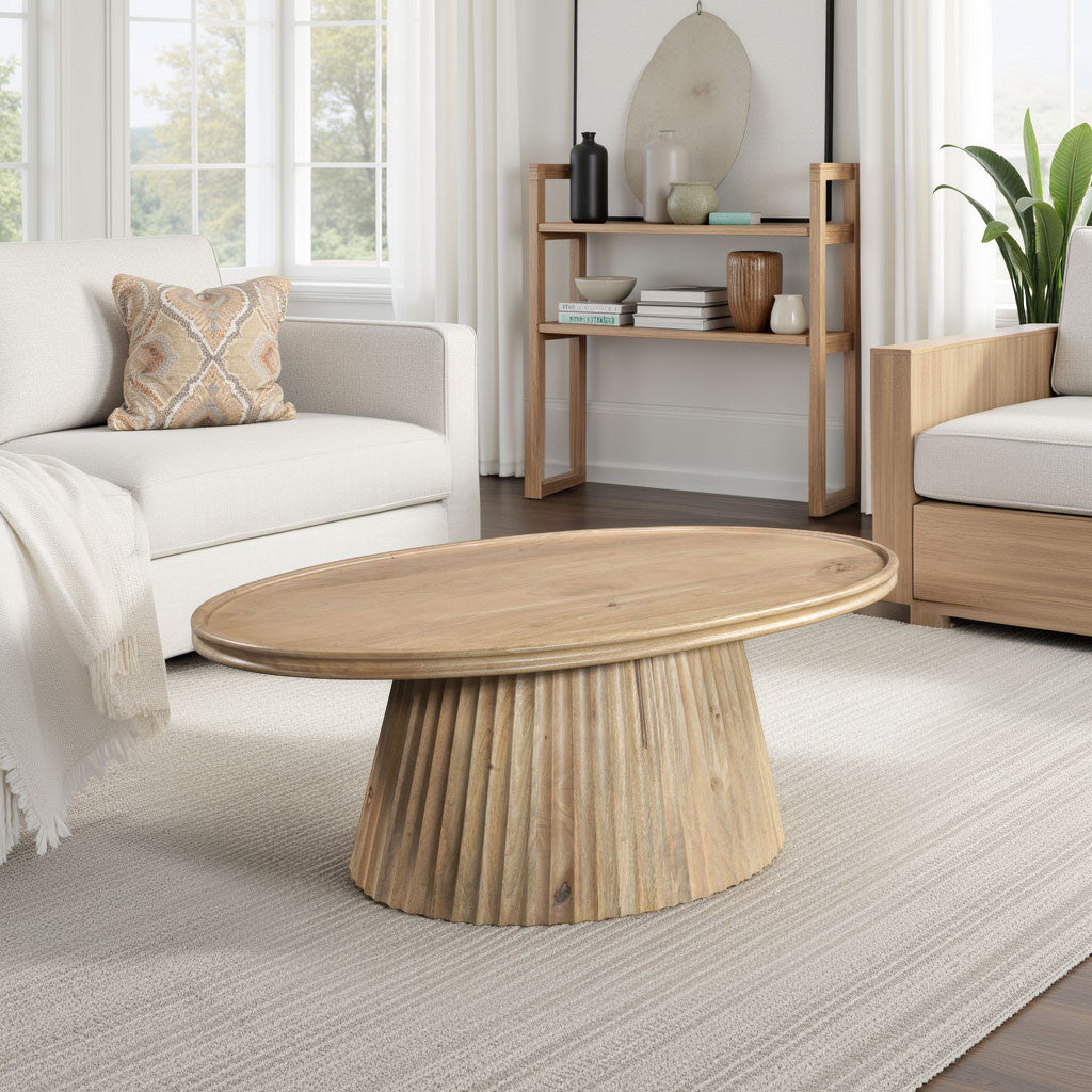 48" Light Brown Solid Wood Oval Pedestal Coffee Table