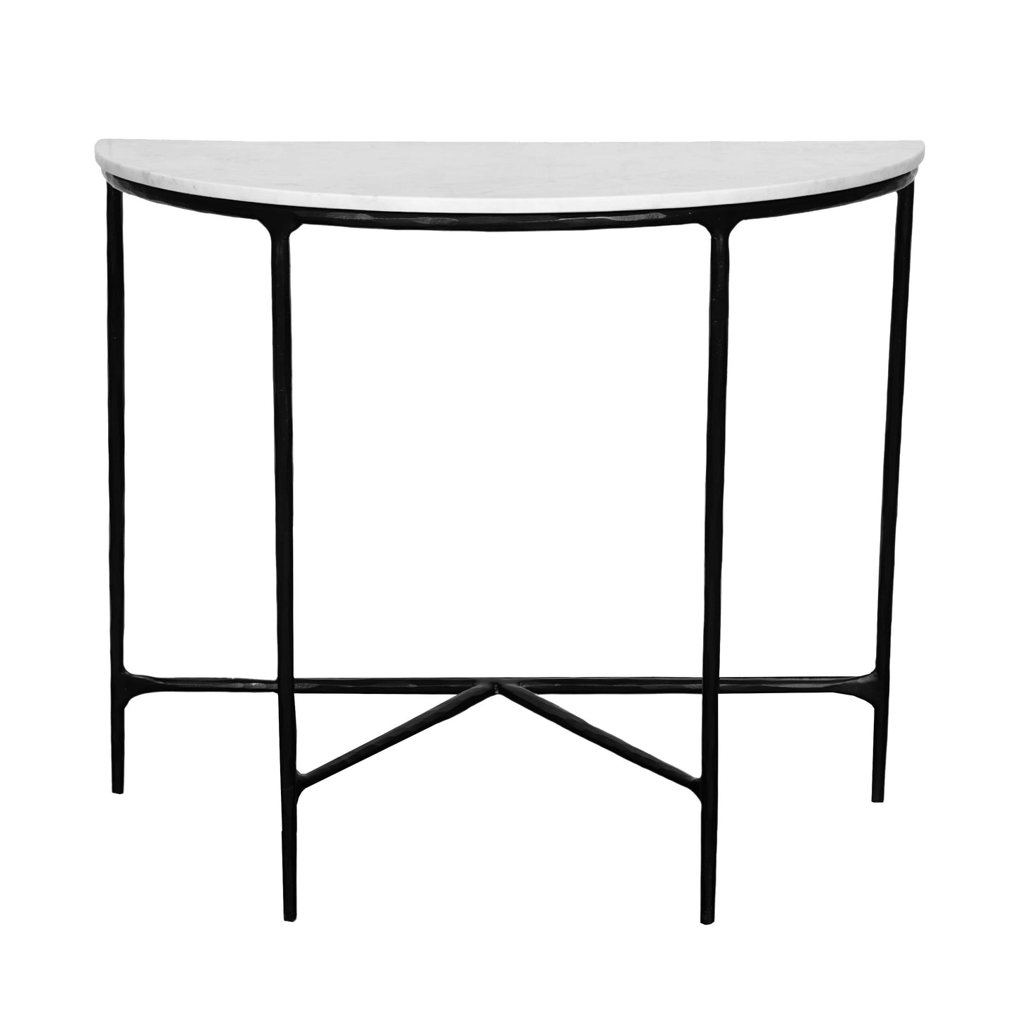 36" White and Black Genuine Marble and Iron Half Moon Console Table