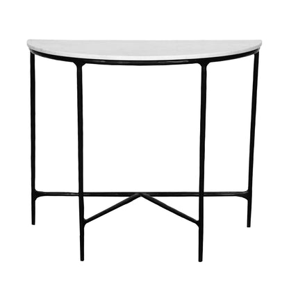36" White and Black Genuine Marble and Iron Half Moon Console Table