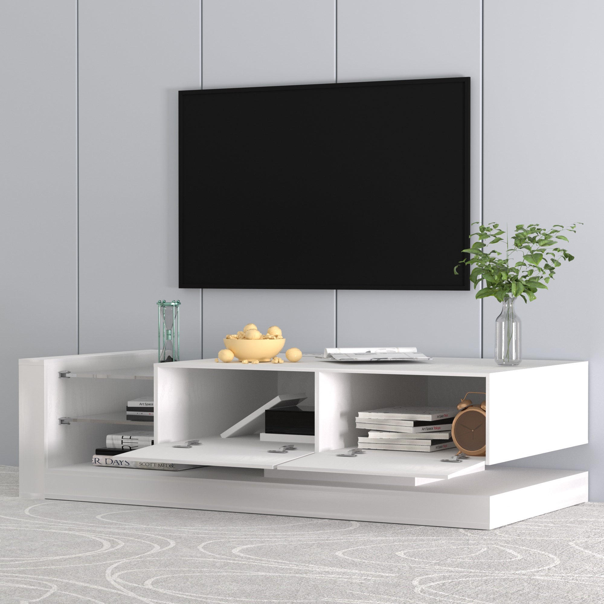 TV Console With Storage Cabinets, Full RGB Color 31 Modes Changing Lights Remote RGB LED TV Stand, Modern Entertainment Center White For 75 Inches TV