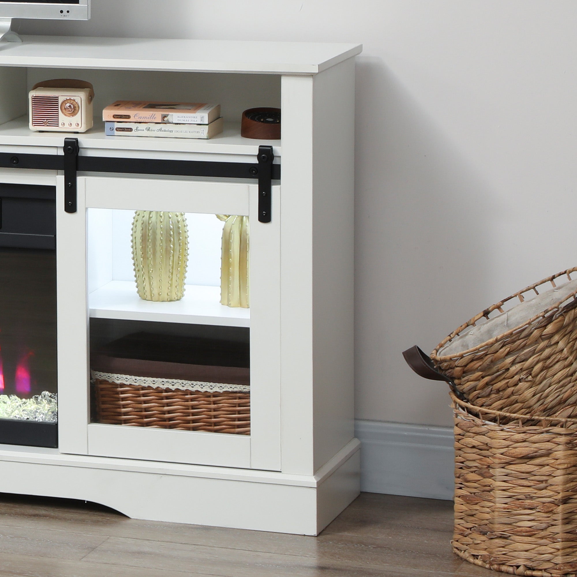 Fireplace TV Stand for TVs Up to 80 Inch, TV Console with Electric Fireplace, Open Storage and Side Cabinets, White