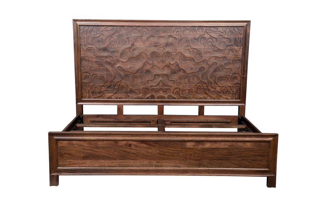 Brown Carved Abstract Solid Wood King Bed Frame