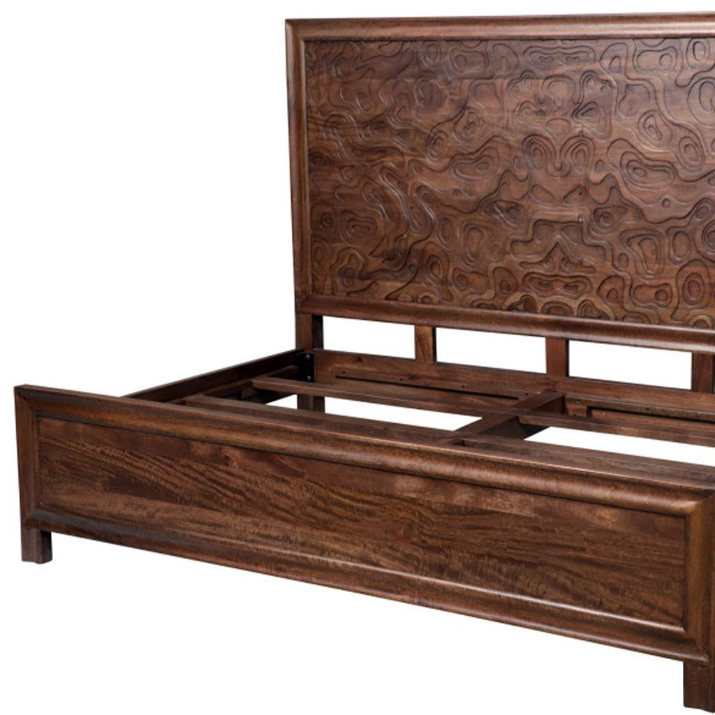Brown Carved Abstract Solid Wood King Bed Frame