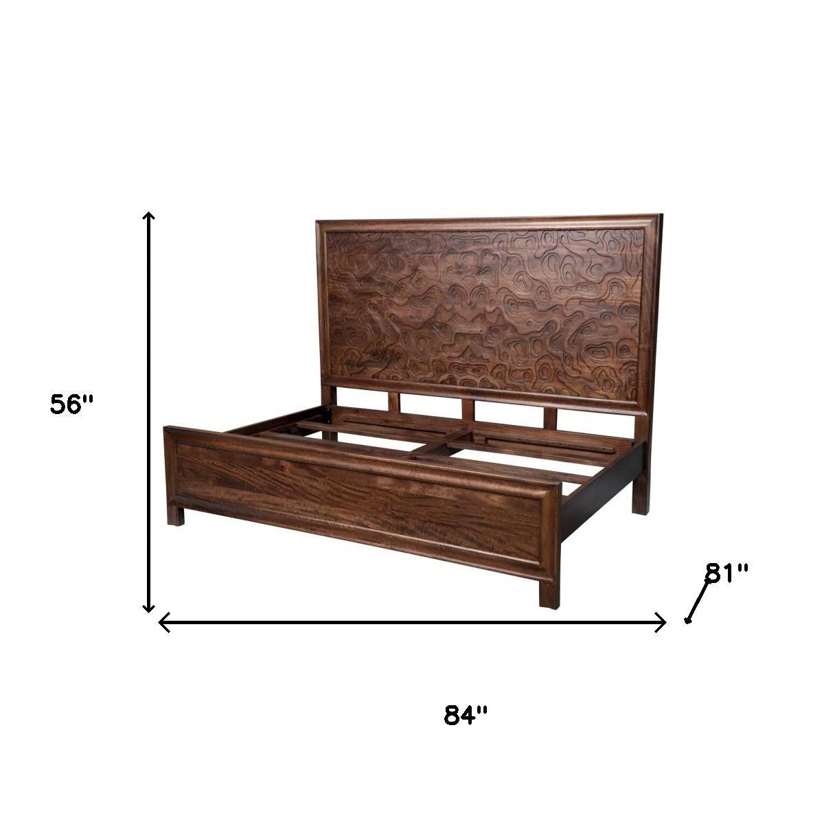 Brown Carved Abstract Solid Wood King Bed Frame