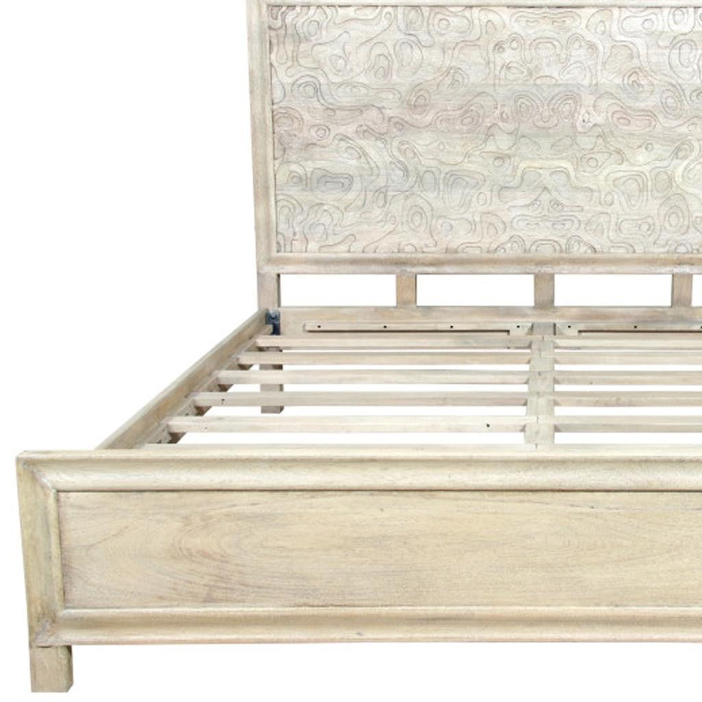 Gray Carved Abstract Solid Wood King Bed Frame