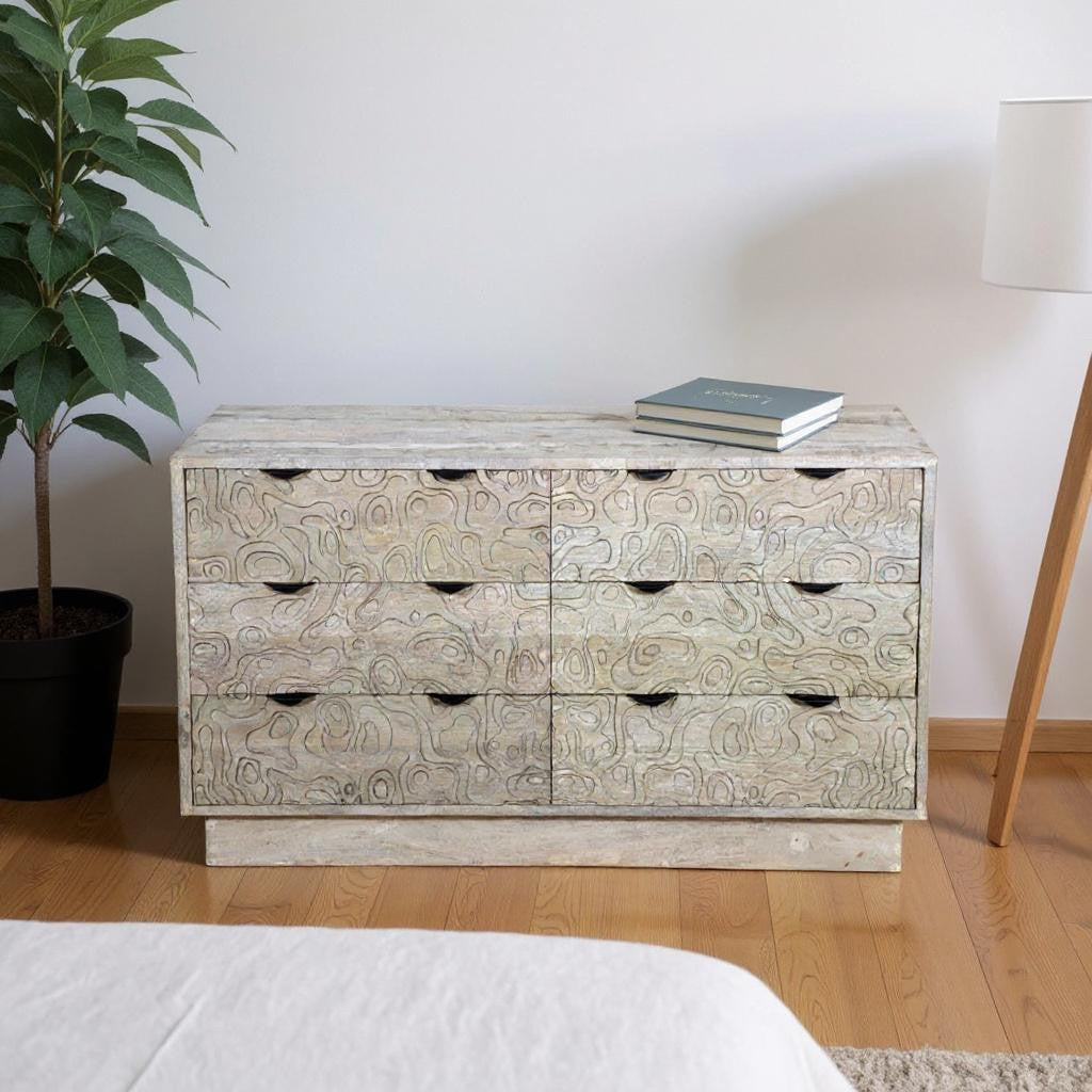 57" Gray Carved Geometric Solid Wood Six Drawer Dresser