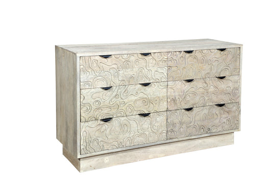57" Gray Carved Geometric Solid Wood Six Drawer Dresser