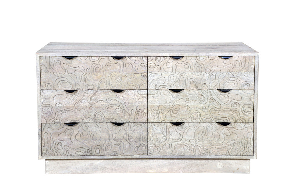 57" Gray Carved Geometric Solid Wood Six Drawer Dresser