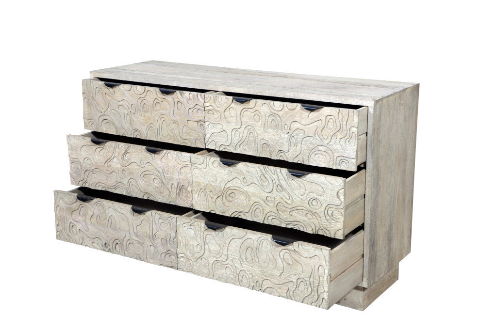 57" Gray Carved Geometric Solid Wood Six Drawer Dresser