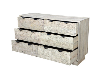 57" Gray Carved Geometric Solid Wood Six Drawer Dresser