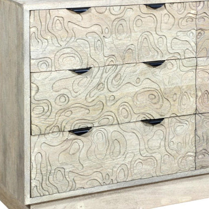 57" Gray Carved Geometric Solid Wood Six Drawer Dresser
