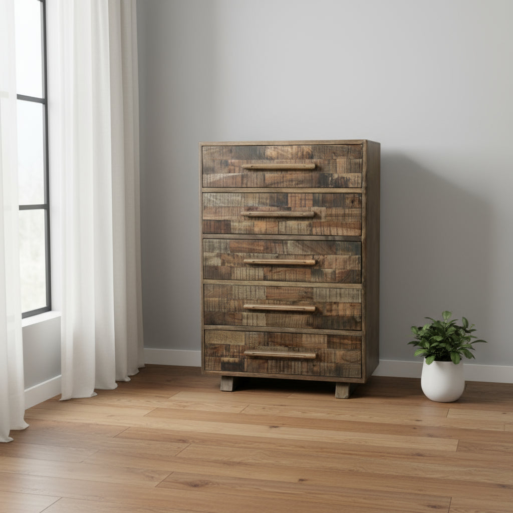 35" Brown Carved Geometric Solid Wood Five Drawer Dresser