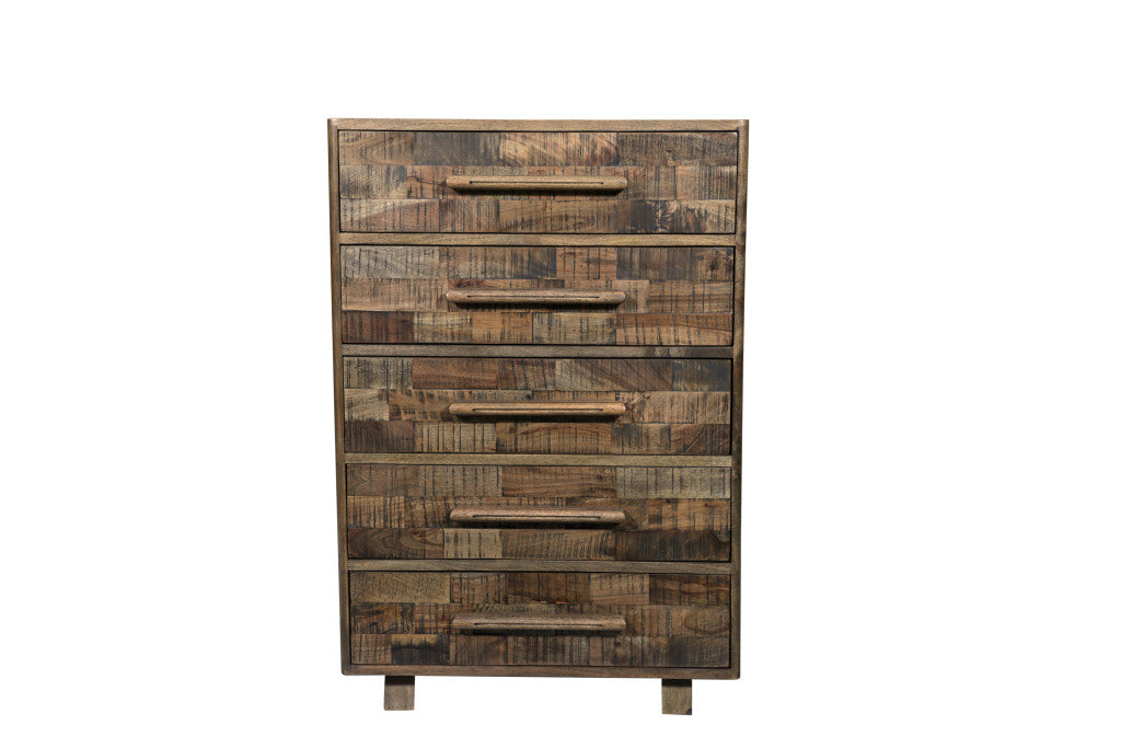 35" Brown Carved Geometric Solid Wood Five Drawer Dresser