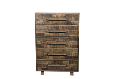 35" Brown Carved Geometric Solid Wood Five Drawer Dresser