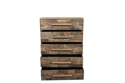 35" Brown Carved Geometric Solid Wood Five Drawer Dresser