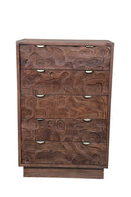 35" Brown Carved Abstract Solid Wood Five Drawer Dresser