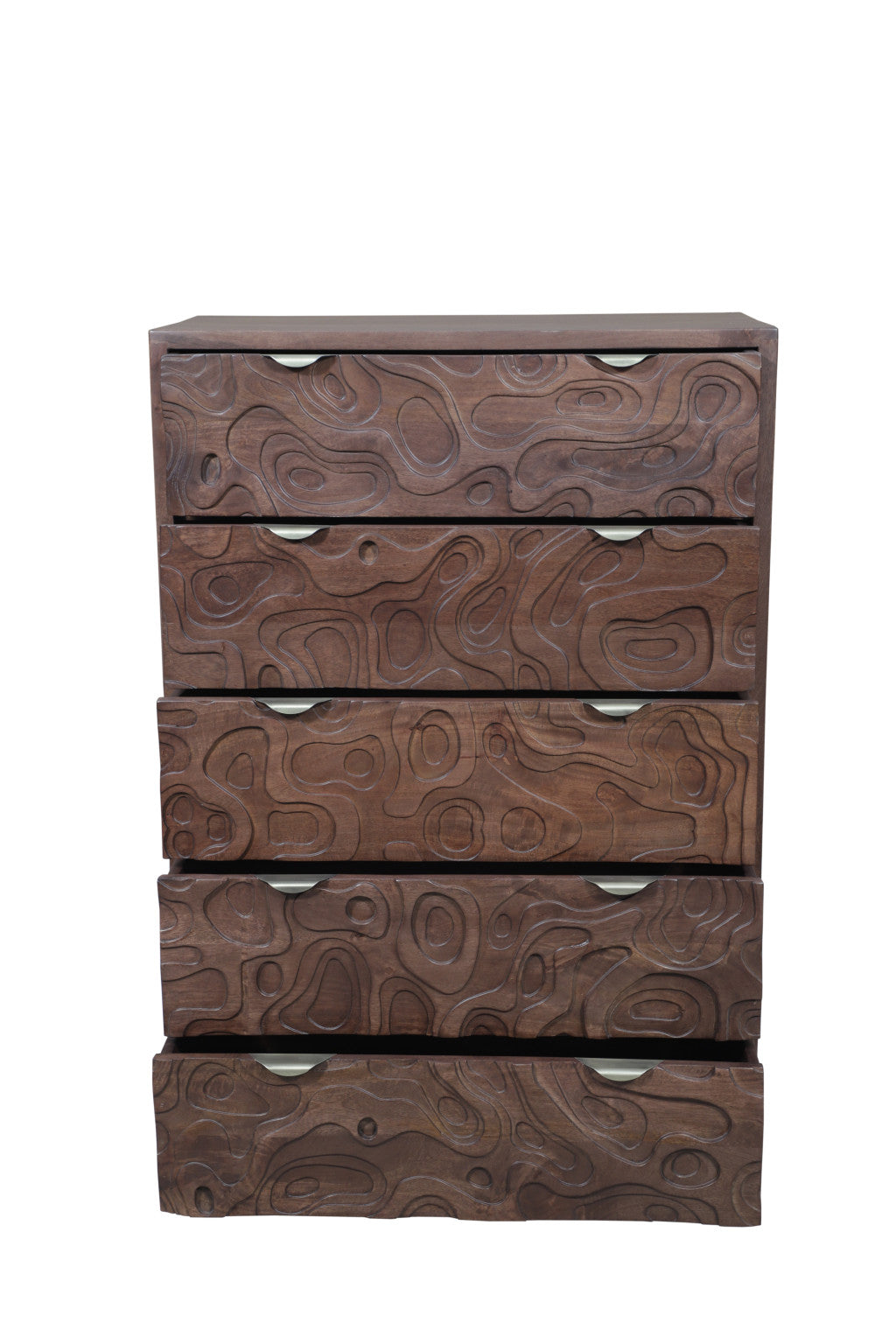 35" Brown Carved Abstract Solid Wood Five Drawer Dresser