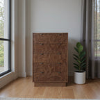 35" Brown Carved Abstract Solid Wood Five Drawer Dresser