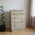 35" Gray Carved Abstract Solid Wood Five Drawer Dresser