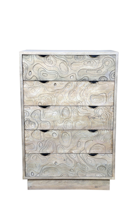 35" Gray Carved Abstract Solid Wood Five Drawer Dresser