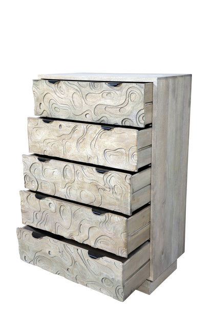 35" Gray Carved Abstract Solid Wood Five Drawer Dresser