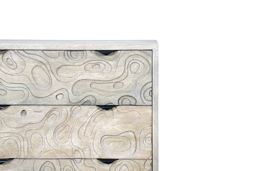 35" Gray Carved Abstract Solid Wood Five Drawer Dresser